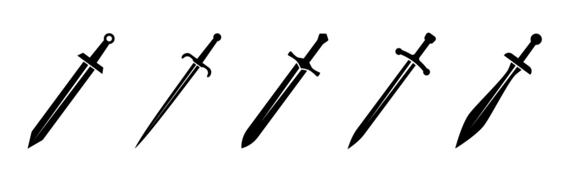 Swords in flat style . Ancient and medieval swords. Blade icon. Vector illustration