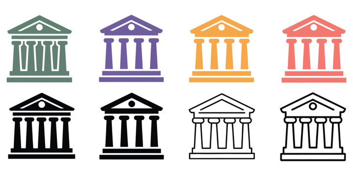 Classical, bank and government building icon collection, finance and legal interface vector illustration, courthouse symbols, authority, law, public institutions, flat vector graphics for web, apps, 