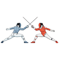 Fototapeta premium Two Fencers in Combat, Crossed Swords, Athletic Competition, Vector Illustration