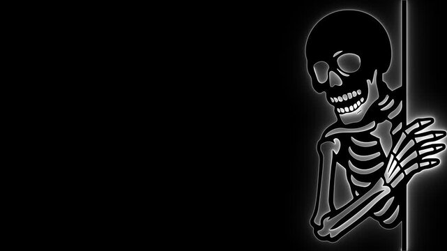 Peeking skeleton. Neon ghost icon. Glowing bone art. Halloween neon. Spooky skeleton sign. White neon horror. Creepy bone graphic. Neon death symbol. Scary peeking ghost. Gothic neon light.