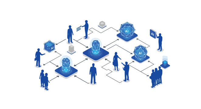 An isometric vector illustration depicting a connected network of human silhouettes interacting with various artificial intelligence nodes and data.