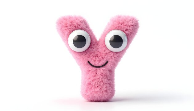 Cute fluffy pink letter Y character with big googly eyes and a smile