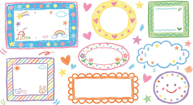 A colorful collection of hand-drawn picture frames and borders with various designs and patterns Ai, eps, jpg, transparent background, png