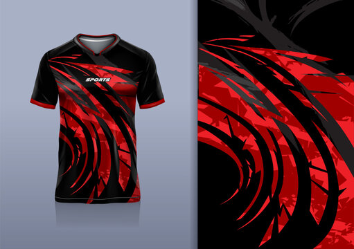 T-shirt mockup abstract texture grunge sport jersey design for football, soccer, racing, esports, running, black red color