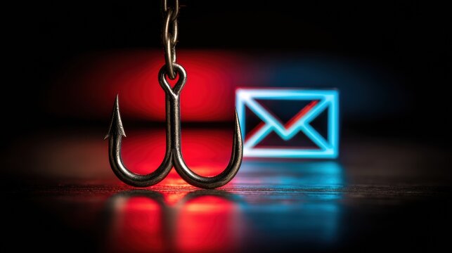 Concept of Email Phishing Showing a Fishing Hook and Envelope Icon Against a Dark Background With Warning Colors