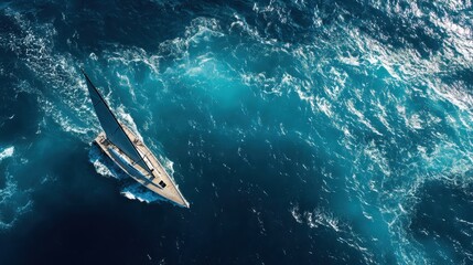 Obraz premium Aerial View of a Sailboat Navigating the Turquoise Ocean Waves