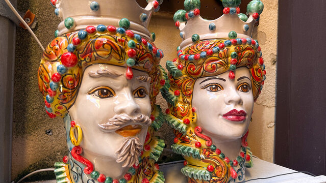 Traditional Sicilian Teste di Moro ceramic heads close up