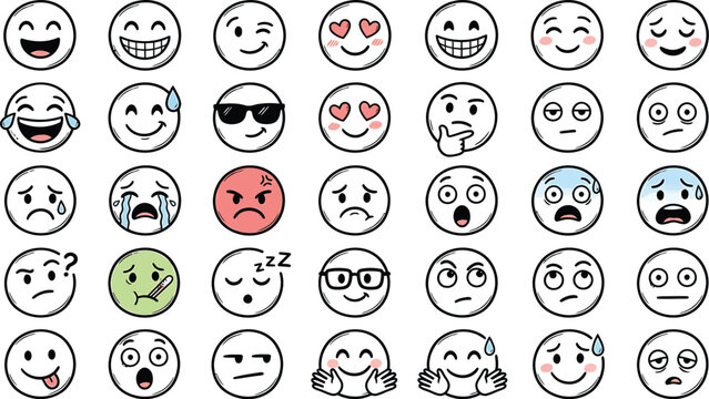 A collection of various emoticon faces expressing different emotions    Ai, eps, jpg, transparent background, png