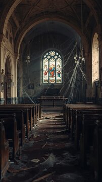 Interior of an old chaotic church, broken pews, cobwebs everywhere, peeling paint, flickering shadows, shattered stained glass, debris on the floor, dusty altar, tripod-level cinematic view, 