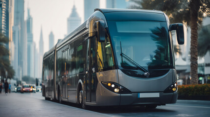 Fototapeta premium Electric city bus driving through modern urban environment, representing sustainable transportation, green energy, and future mobility. Clean design emphasizes eco-friendly public transport systems.