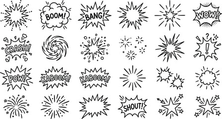 A collection of comic book style explosion and sound effect illustrations    Ai, eps, jpg, transparent background, png © PYARA