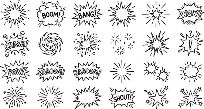 A collection of comic book style explosion and sound effect illustrations    Ai, eps, jpg, transparent background, png