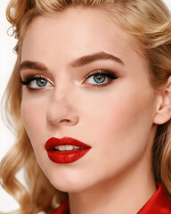 Fototapeta premium A close-up portrait of a woman with long, wavy blonde hair and striking makeup, female closeup portrait