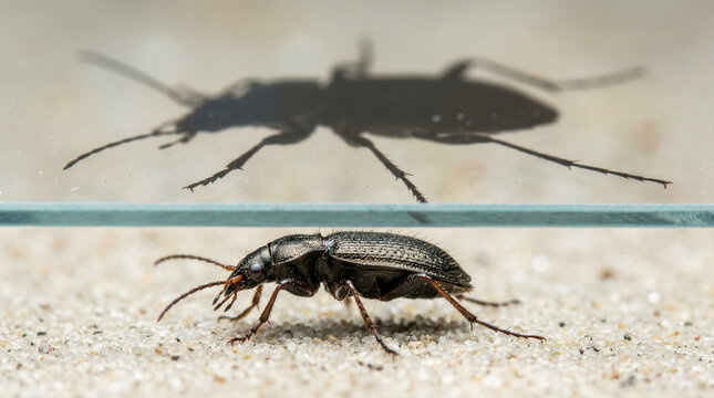 A close-up macro photograph of a dark beetle casting a distinct shadow on a reflective surface above it.