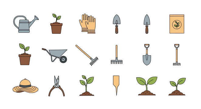 Gardening Tools and Plants Icon Set for Cultivation and Horticulture.