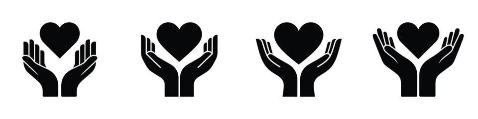 Fototapeta premium Hands Holding Heart Icon Set – Love and Care Symbol, Charity, Support, Kindness, Giving, Compassion, Health, Friendship, and Humanity Concept, Black Silhouette Vector Illustration on White Background