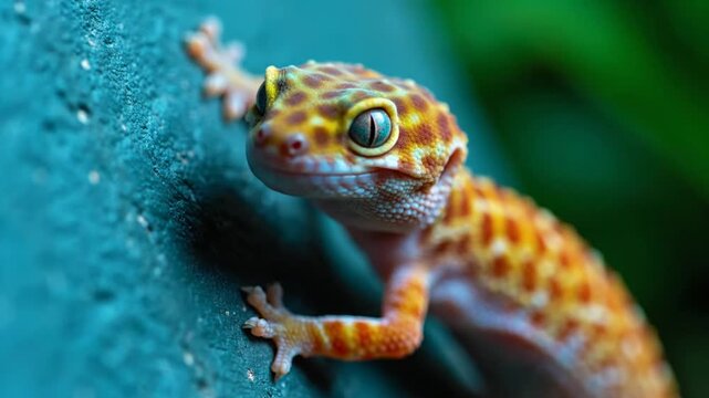 Leopard gecko climbs on textured surface.