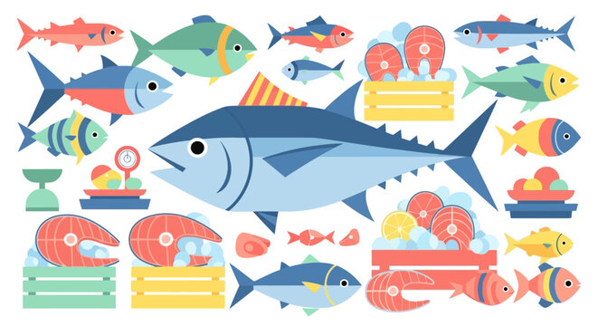 Fresh Fish Market Assortment with Various Seafood and Tuna.