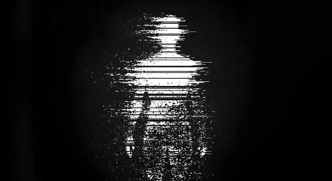 Digital glitch effect and anonymous identity. Cyber security and data privacy. Pixelated silhouette of a person standing in a dark static environment