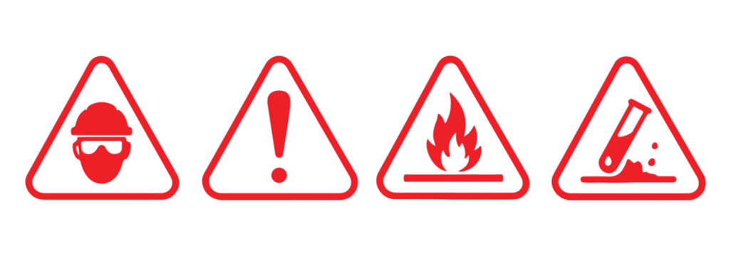 Biohazard, radiation, skull and crossbones, exclamation mark, flammable, chemical hazard, high voltage, explosive icon set