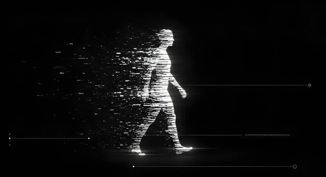 Data transmission and digital human motion. High speed network and virtual reality movement. Silhouette of a man walking with digital trail and interface lines