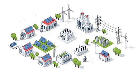 An isometric vector graphic showcasing a sustainable power grid with solar panels, wind turbines, electric vehicle chargers, and power lines. © Ubay