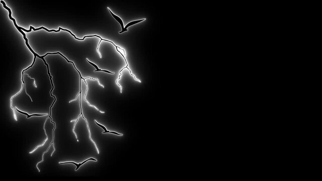 Neon lightning bolt. Flying birds glow. Thunder neon sign. White storm. Electric bolt art. Glowing nature. Sky lightning icon. Neon bird flight. Thunderbolt glow. Storm element.