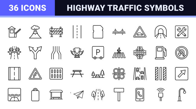 Road infrastructure line icons for highway and traffic management