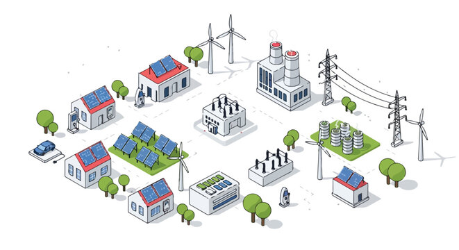 An isometric vector graphic showcasing a sustainable power grid with solar panels, wind turbines, electric vehicle chargers, and power lines.