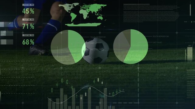 Animation of graphs and data over legs of caucasian soccer player at stadium