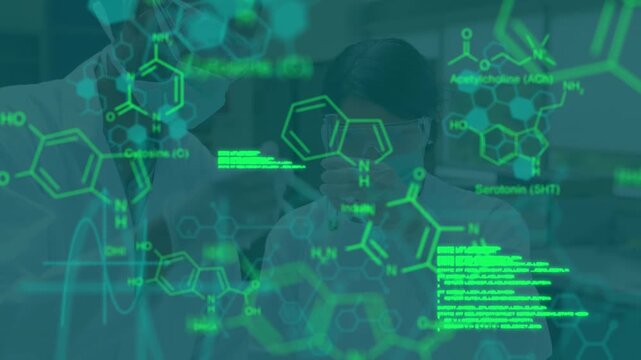 Animation of data processing and chemical formula over diverse scientists
