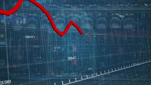 Animation of red line graph degrading on grid pattern over padlock and computer equipment