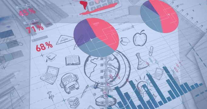 Animation of infographic interface over book with doodles and stationery on table