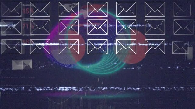 Animation of rows of email envelopes and data processing over circles with glitch