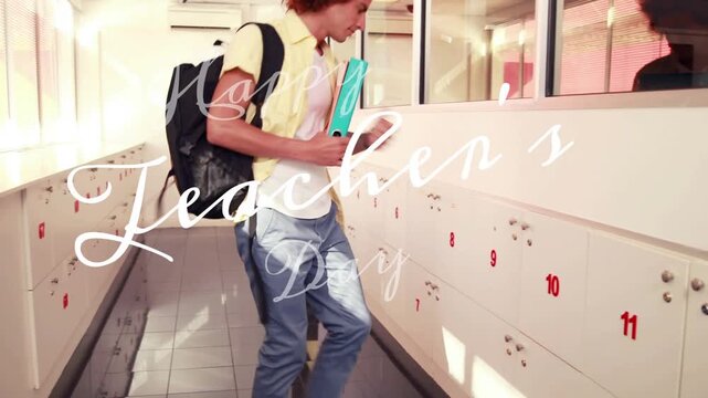 Animation of happy teachers day text over caucasian male student opening locker