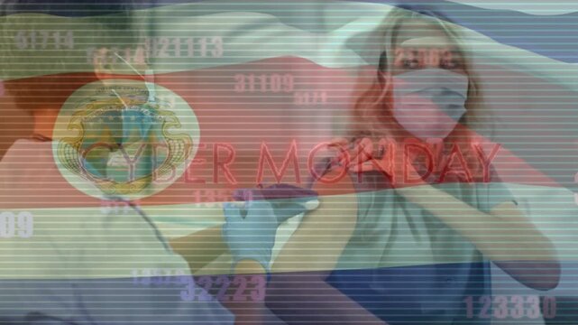 Animation of flag of costa rica and data processing over diverse doctor and patient