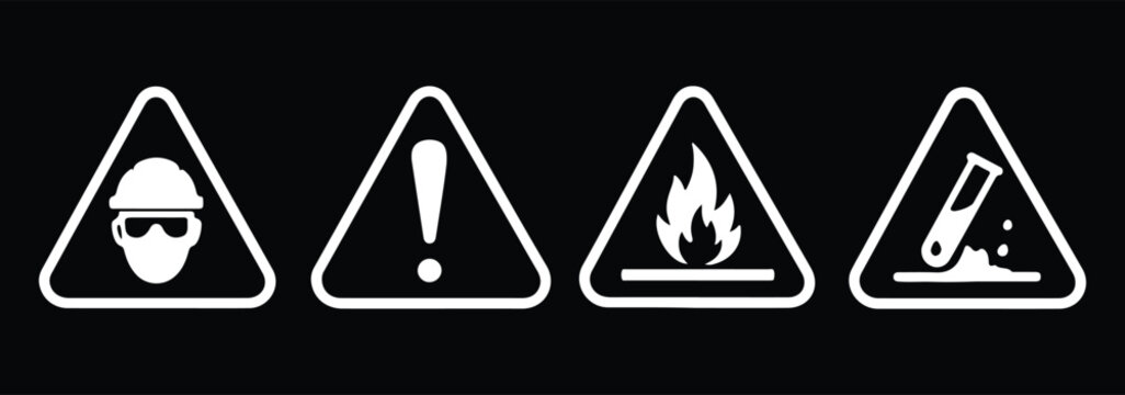 Biohazard, radiation, skull and crossbones, exclamation mark, flammable, chemical hazard, high voltage, explosive icon set