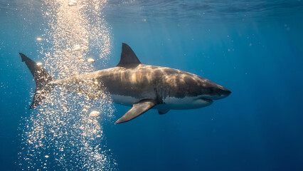 Naklejka premium Majestic Great White Shark Swims in Crystal Blue Ocean Depths