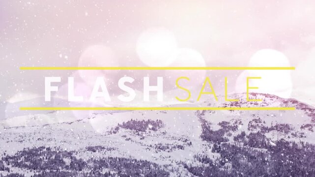 Animation of flash sale text between lines over lens flare against snowfall on mountains