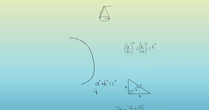 Digital animation of math problems on a green background showcases global science connections.
