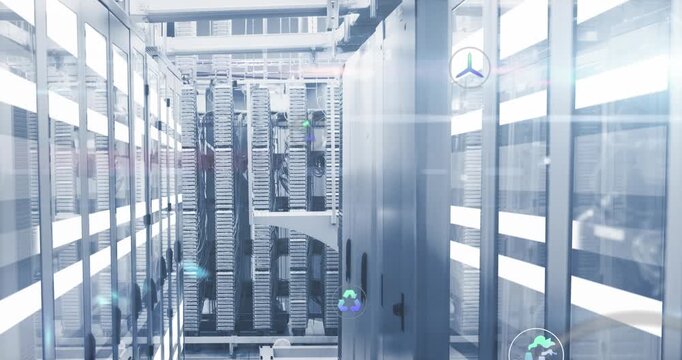 Animation of multiple icons and computer language over moving bars on data server systems
