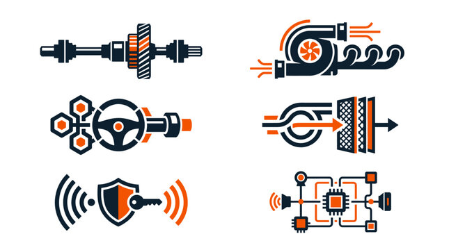 Advanced Automotive Engineering and Smart Vehicle Technology Icon Set with Turbocharger, Drivetrain, and Electronic Control Unit Illustrations