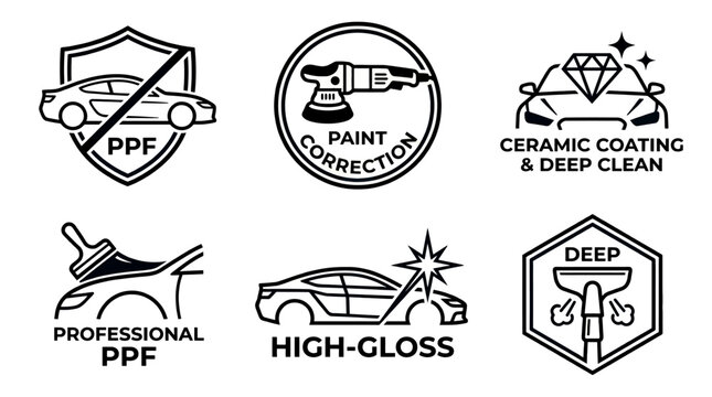 Automotive Detailing and Paint Protection Icon Set with PPF Ceramic Coating Paint Correction and High-Gloss Finish Branding