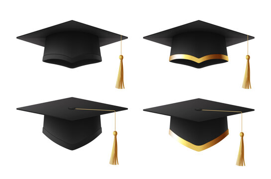 Black realistic graduation caps or mortarboards. Vector set of Graduation university or college black caps. 3d element for design of graduation of college, school, university or degree ceremony.
