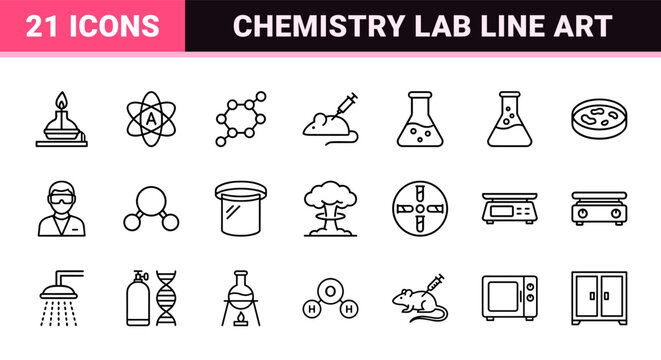 Science and chemistry laboratory equipment outline icons