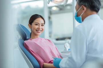 Obraz premium Happy woman undergoing dental checkup at modern clinic