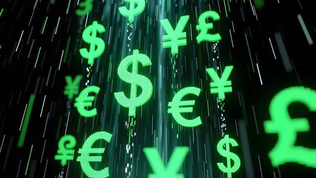 Glowing green currency symbols falling in digital space, abstract financial data stream with dollar euro and yen signs, global economy concept
