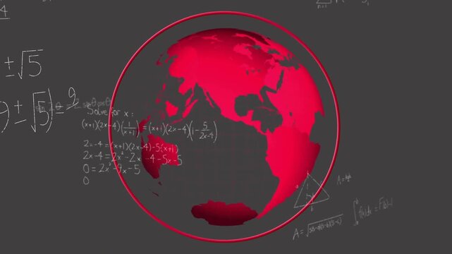 On play center red globe rotating revealing continents while chalk math growing illustrating STEM