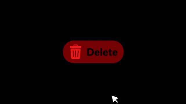 'DELETE' button with trash icon animation. Mouse  cursor throws garbage in trash bin , signifying data removal or system clean up symbol animation  in 4k video on  black background 