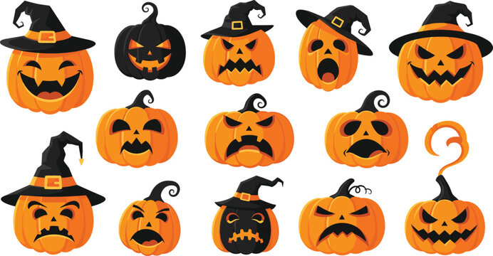 Set of twelve Halloween pumpkins with carved faces and witch hats for spooky festive vector design projects